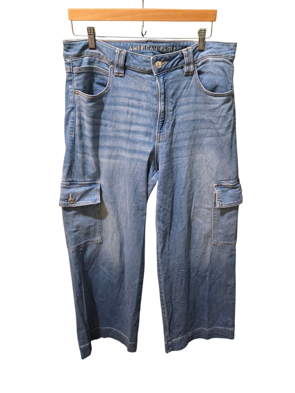 American Eagle Cargo Wide Leg Jeans Women's Size 12 Short Light Wash Stretch Y2K